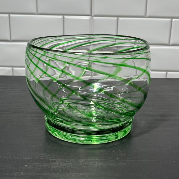 Emerald Green Clear Swirl Hand Blown Glass Serving Art Deco Bowl - Picture 2 of 6